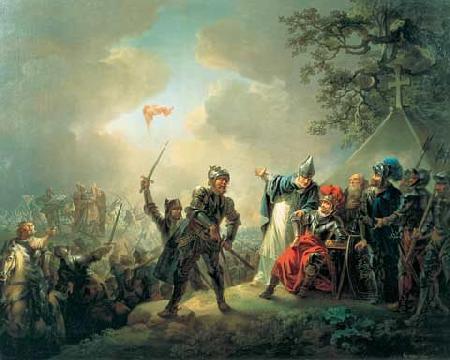 Dannebrog falling from the sky during the Battle of Lyndanisse, June, Christian August Lorentzen